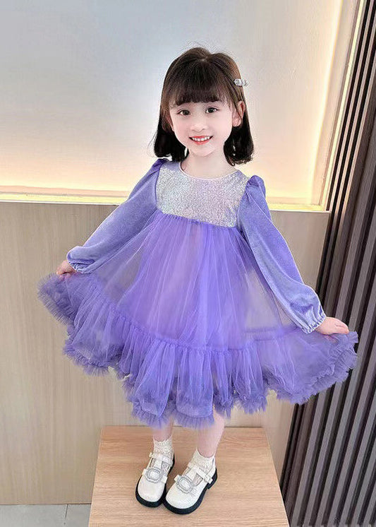 Boutique Purple Sequins Ruffled Patchwork Tulle Kids Robe Dresses Fall