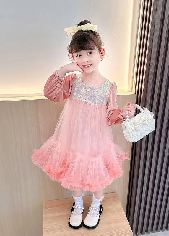 Boutique Purple Sequins Ruffled Patchwork Tulle Kids Robe Dresses Fall