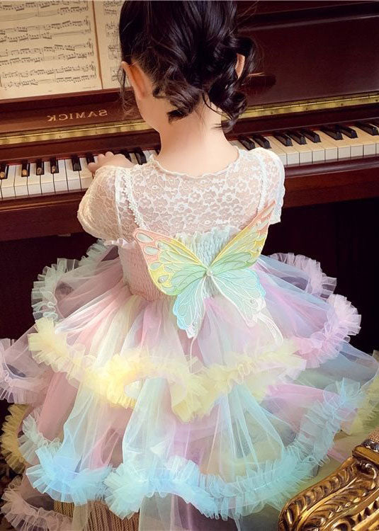 Boutique Rainbow Ruffled Butterfly Patchwork Tulle Kids Dresses Sleeveless