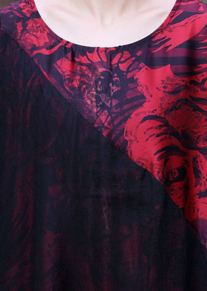 Boutique Red O-neck Asymmetrical Design Patchwork Silk Long Dress Long Sleeve