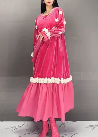 Boutique Red O-neck Embroidered Silk Velvet Long Dresses Spring