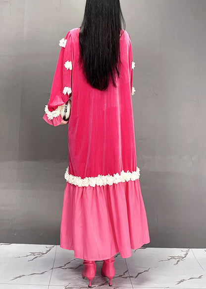 Boutique Red O-neck Embroidered Silk Velvet Long Dresses Spring