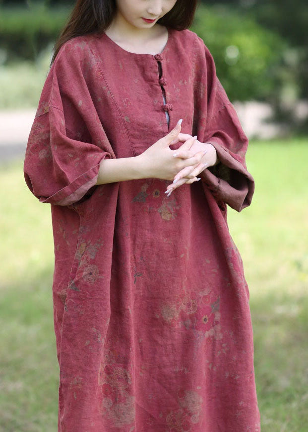 Boutique Red O-neck Oversized Print Linen Dress Spring
