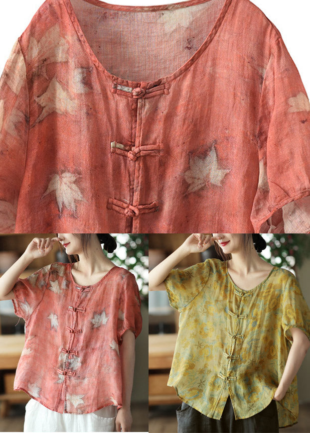 Boutique Red O-neck Print Linen Short Sleeve