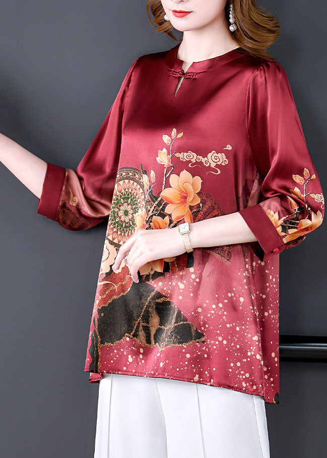 Boutique Red O-neck Print Draping Silk Blouse Tops Bracelet Sleeve