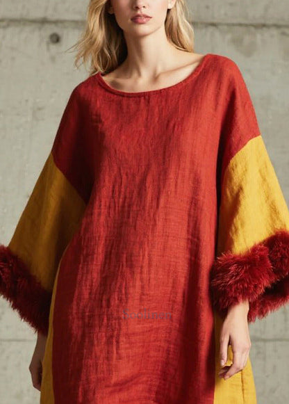 Boutique Red Oversized Patchwork Faux Fur Maxi Dresses Fall