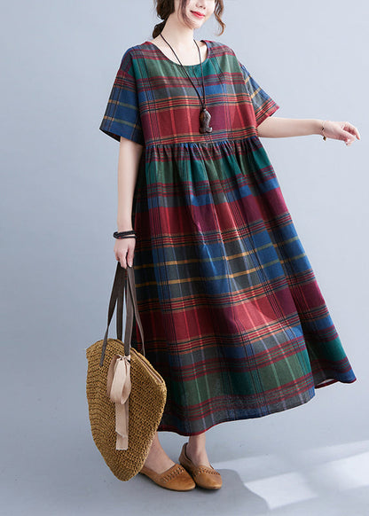 Boutique Red Plaid O-neck Wrinkled Cotton Long Dress Short Sleeve