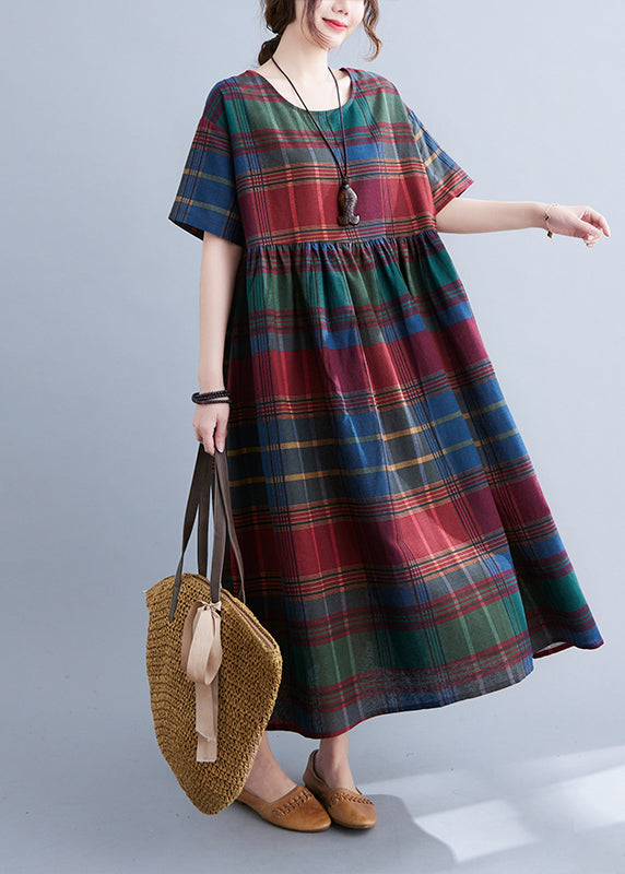 Boutique Red Plaid O-neck Wrinkled Cotton Long Dress Short Sleeve