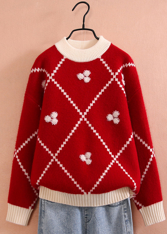Boutique Red Plaid Thick Cotton Knit Sweater Spring