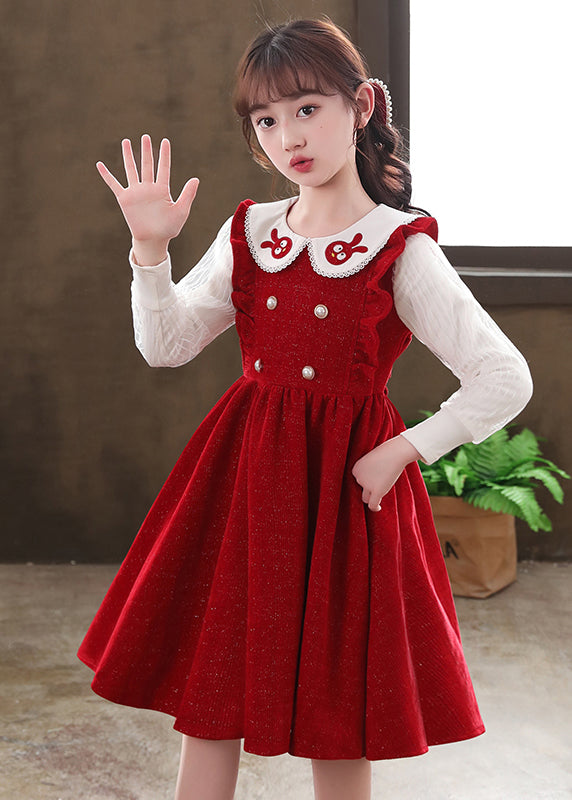 Boutique Red Ruffled Patchwork Warm Fleece Baby Dresses Fall