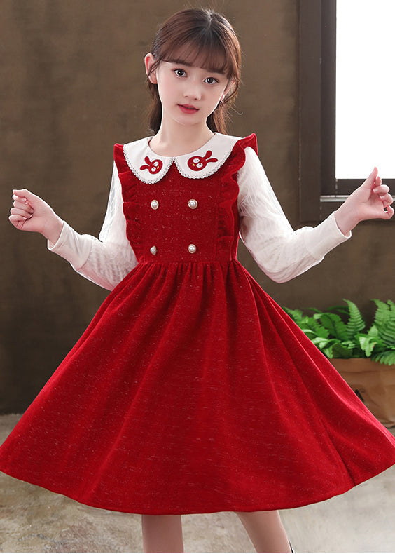 Boutique Red Ruffled Patchwork Warm Fleece Baby Dresses Fall