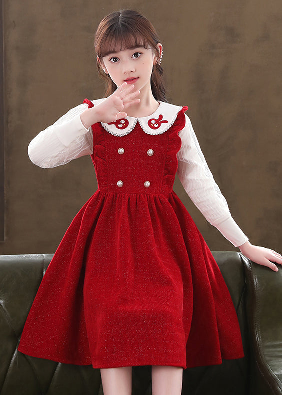 Boutique Red Ruffled Patchwork Warm Fleece Baby Dresses Fall