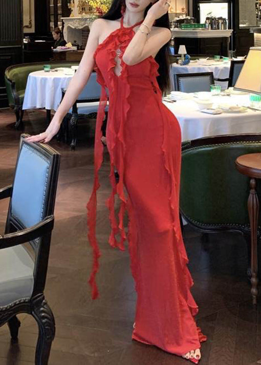 Boutique Red Ruffled Halter Backless Long Dress Summer