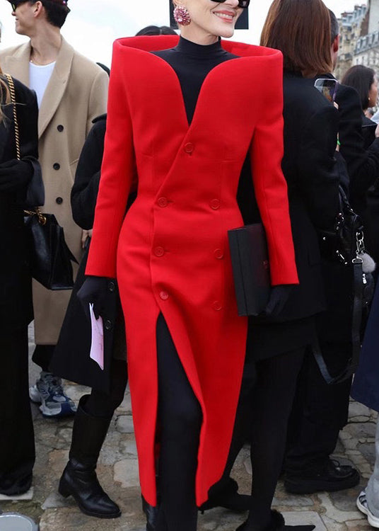 Boutique Red Slash Neck Double Breast Side Open Dress Spring