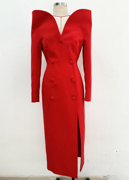 Boutique Red Slash Neck Double Breast Side Open Dress Spring