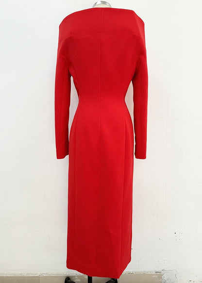 Boutique Red Slash Neck Double Breast Side Open Dress Spring