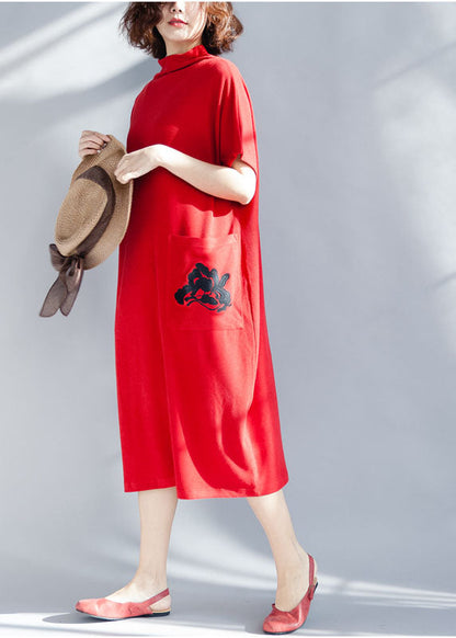 Boutique Red Turtle Neck Cotton Party Dress Short Sleeve