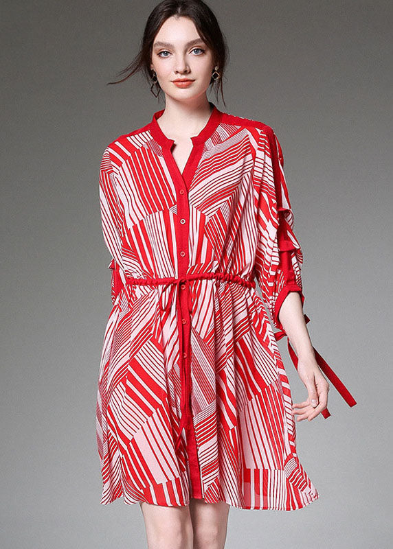 Boutique Red Tie Waist Cinched Print Fall Chiffon Half Sleeve Vacation Dresses