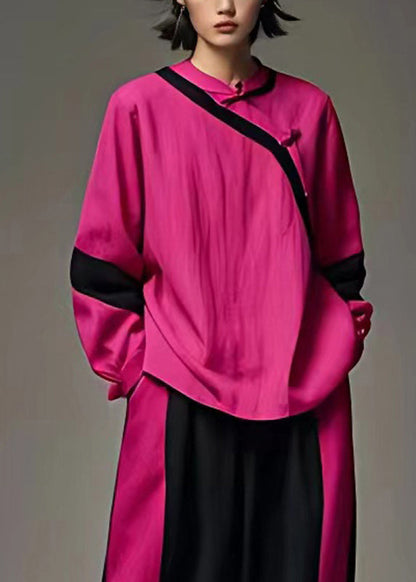 Boutique Rose Stand Collar Patchwork Button Top and Wide Leg Pants Two Pieces Set Fall