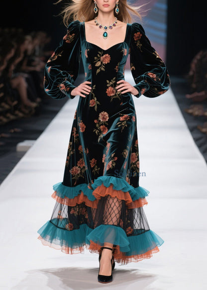 Boutique Ruffled Print Patchwork Velvet Dress Spring