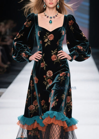 Boutique Ruffled Print Patchwork Velvet Dress Spring