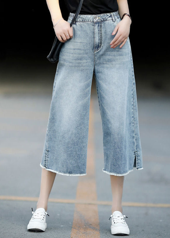 Boutique Blue High Waist Pockets Cotton Denim Wide Leg Pants Summer