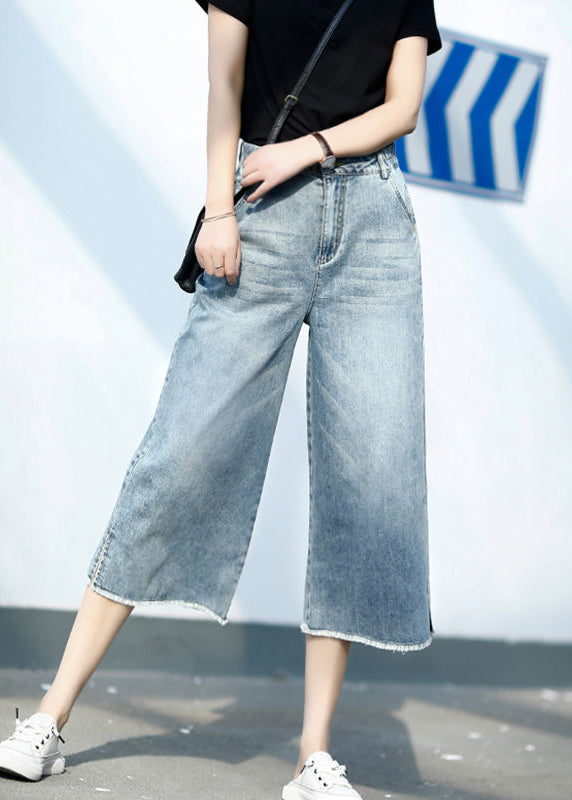 Boutique Blue High Waist Pockets Cotton Denim Wide Leg Pants Summer