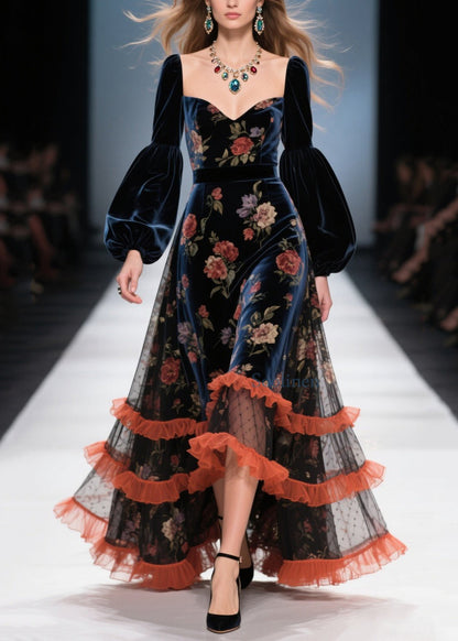 Boutique Tulle Ruffled Print Patchwork Velvet Dress Spring