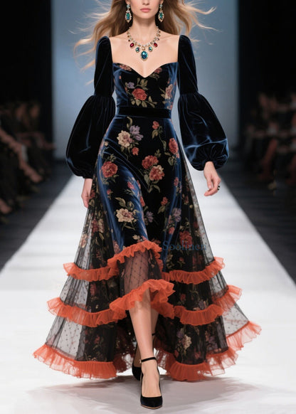 Boutique Tulle Ruffled Print Patchwork Velvet Dress Spring