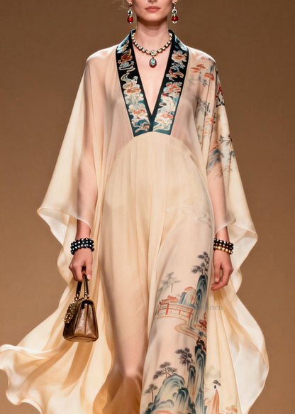 Boutique V Neck Print Patchwork Chiffon Long Dress Spring