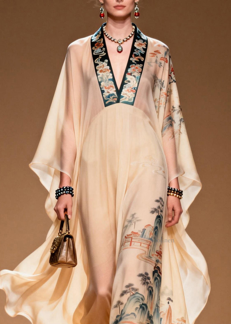 Boutique V Neck Print Patchwork Chiffon Long Dress Spring