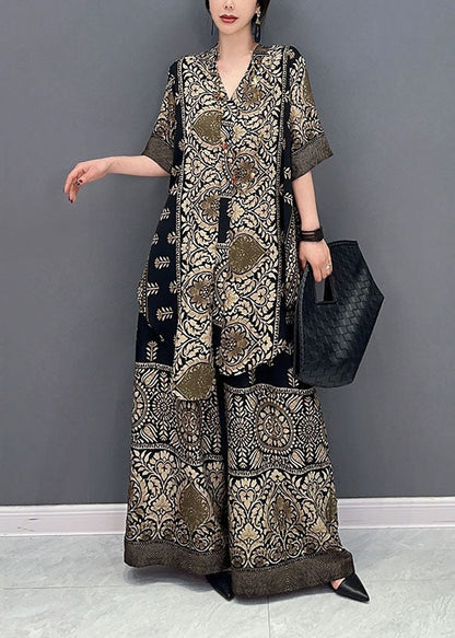 Boutique V Neck Print Silk Tops and Pants Two Pieces Set Summer