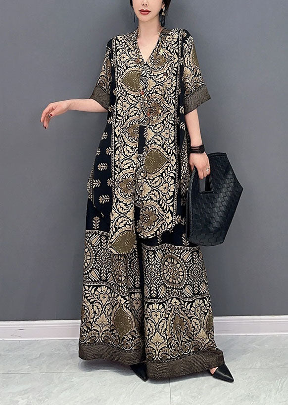 Boutique V Neck Print Silk Tops and Pants Two Pieces Set Summer