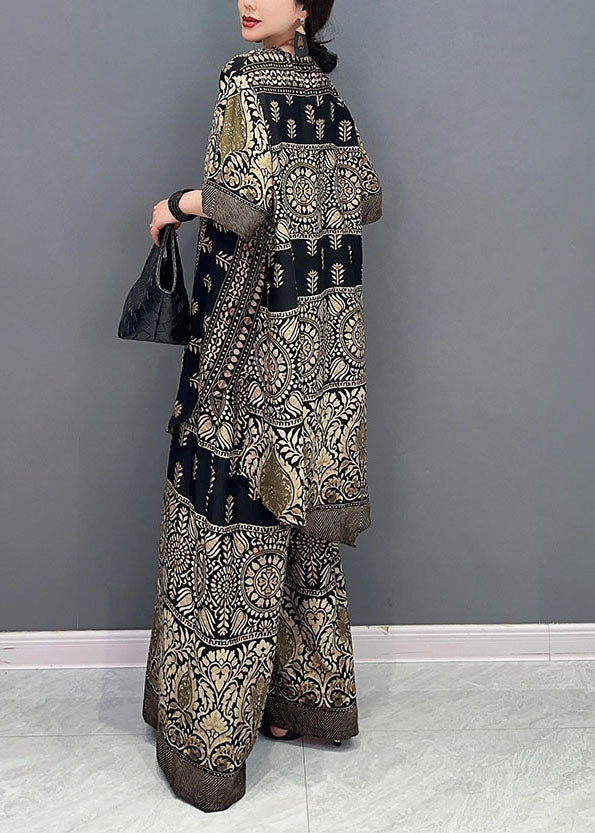 Boutique V Neck Print Silk Tops and Pants Two Pieces Set Summer