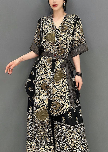 Boutique V Neck Print Silk Tops and Pants Two Pieces Set Summer
