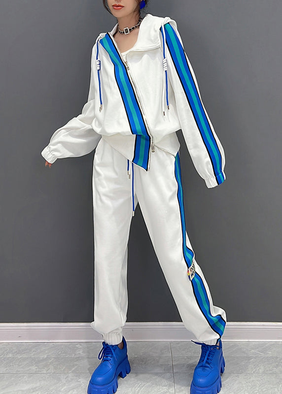 Boutique White Asymmetrical Zippered Striped Hooded Coats and Pants Two Piece Set Fall