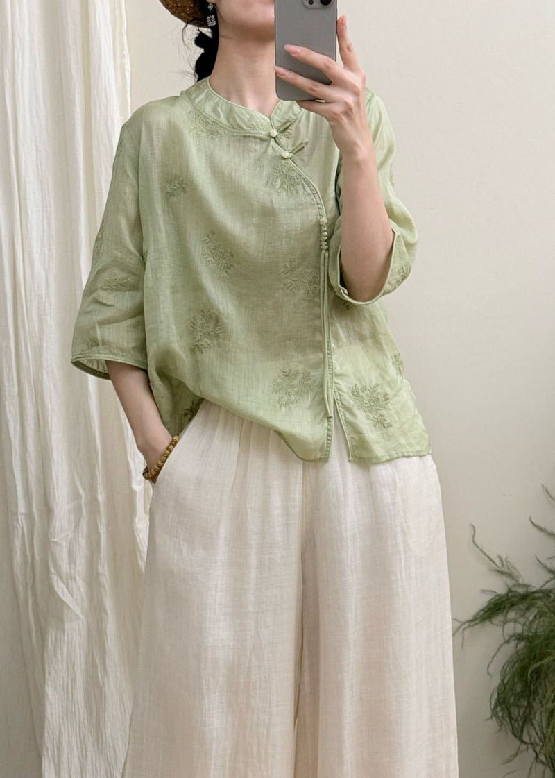 Boutique White Embroidered Oriental Button Linen Blouses Summer