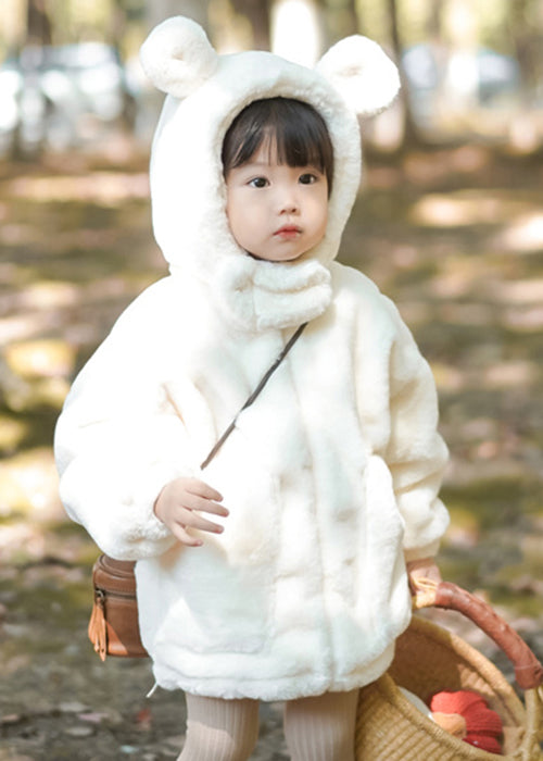 Boutique White Hooded Pockets Fluffy Coat Long Sleeve