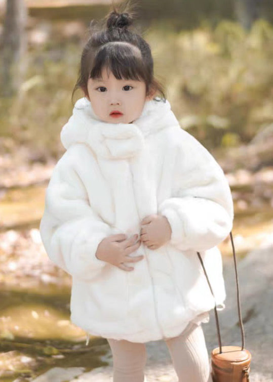 Boutique White Hooded Pockets Fluffy Coat Long Sleeve