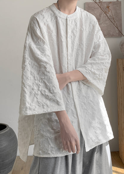 Boutique White Jacquard Cotton Shirts Bracelet Sleeve