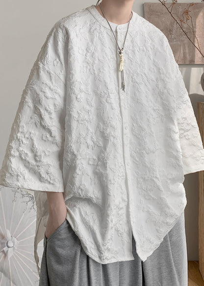 Boutique White Jacquard Cotton Shirts Bracelet Sleeve
