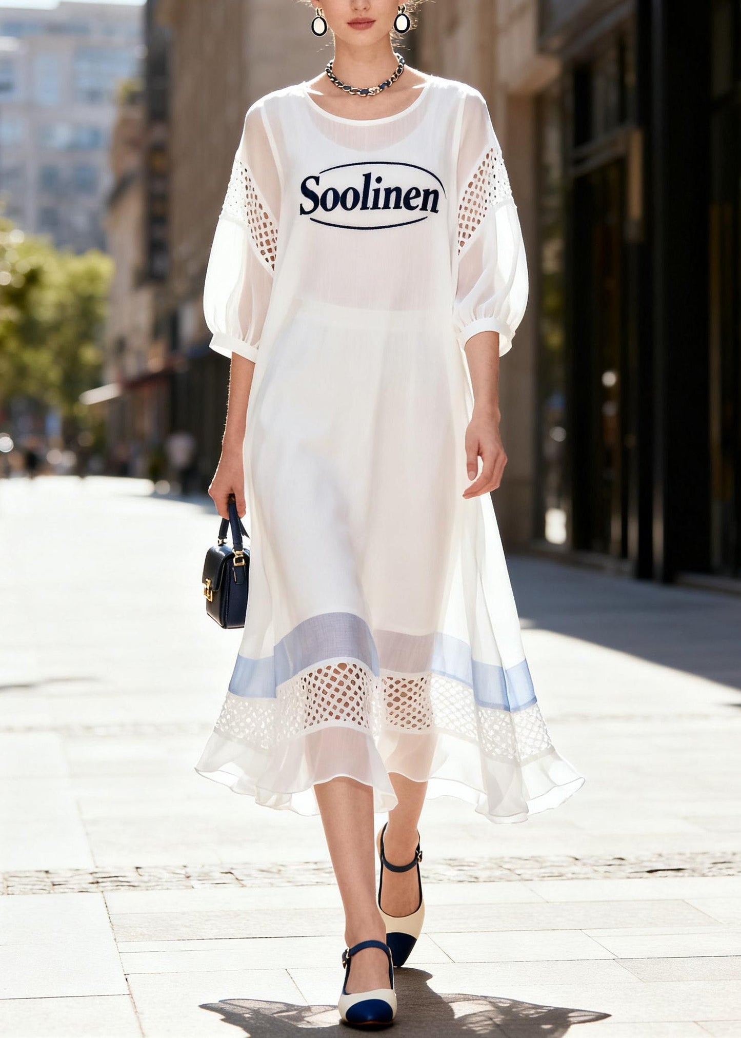 Boutique White O Neck Hollow Out Patchwork Chiffon Dress Summer