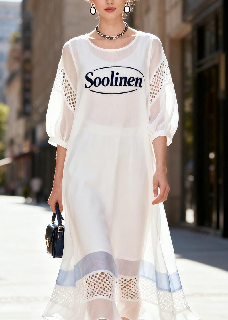 Boutique White O Neck Hollow Out Patchwork Chiffon Dress Summer
