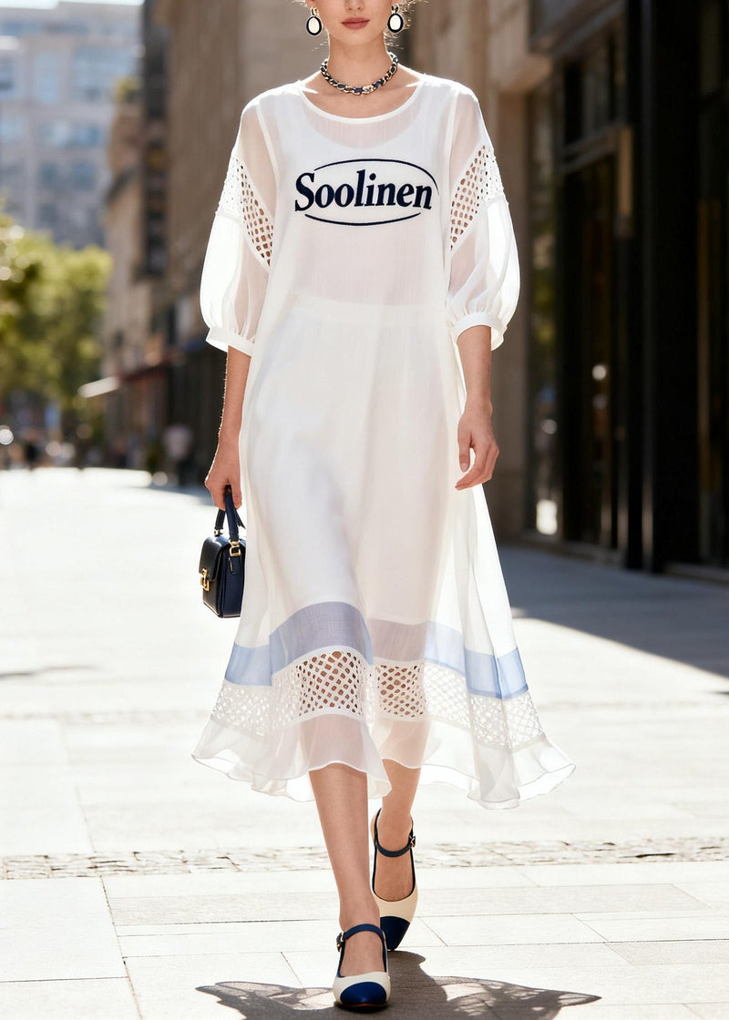 Boutique White O Neck Hollow Out Patchwork Chiffon Dress Summer