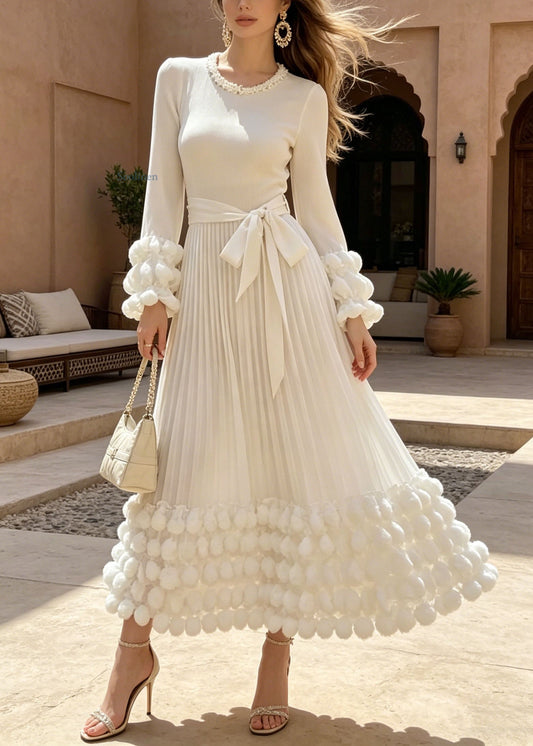 Boutique White O Neck Nail Bead Puff Wrinkled Cotton Dresses Fall