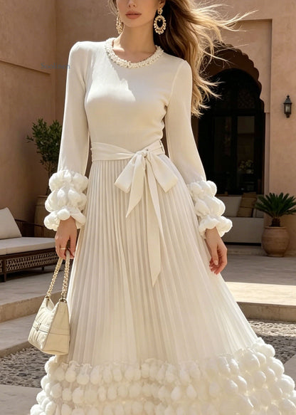 Boutique White O Neck Nail Bead Puff Wrinkled Cotton Dresses Fall