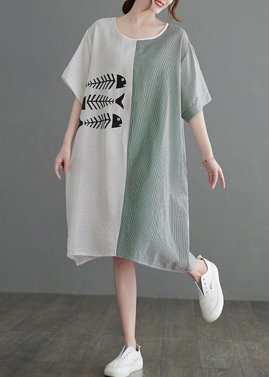 Boutique White O-neck Striped Patchwork Dress Short Sleeve