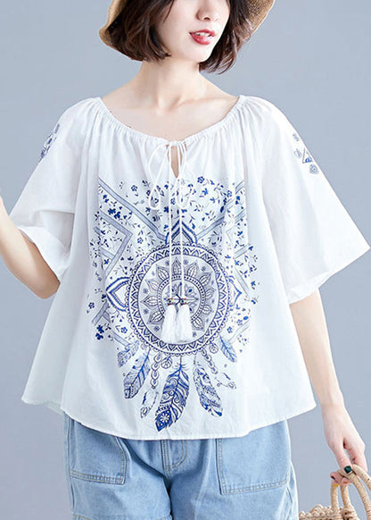 Boutique White O-neck Tie Waist Print Tops Short Sleeve