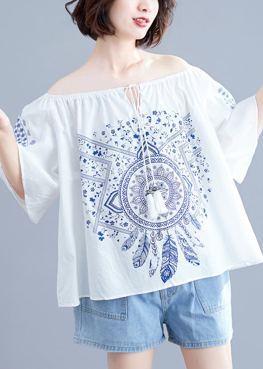 Boutique White O-neck Tie Waist Print Tops Short Sleeve
