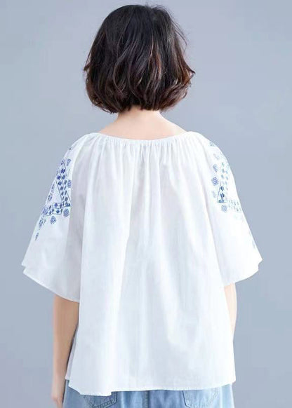 Boutique White O-neck Tie Waist Print Tops Short Sleeve